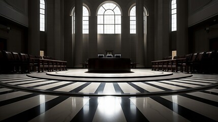 The authority of the law reflected in the symmetry of an empty courtroom - obrazy, fototapety, plakaty