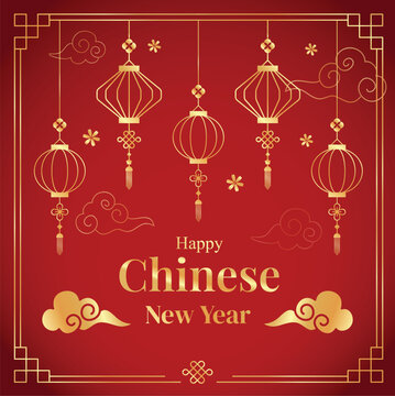 Happy Chinese New Year vector, year of the dragon banner template design on a gradient red background, gold hanging lantern. Modern luxury oriental illustration for cover, banner, website.