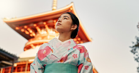 Woman, shinto temple and traditional clothes in culture, building or religion with vision for zen...