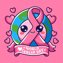 World Breast Cancer Day. Vector illustration of a pink ribbon with a ribbon around the world.