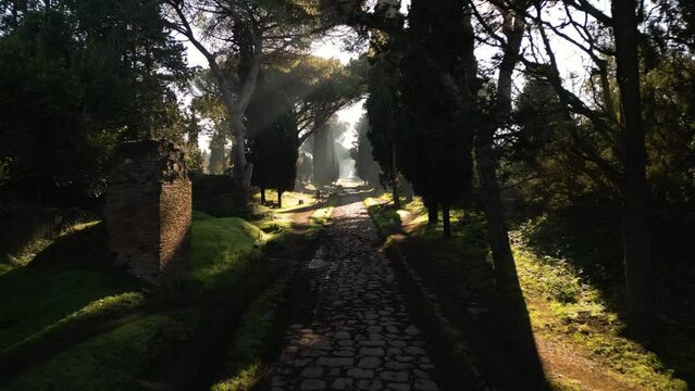 Beautiful Aerial View Above Cobblestoned Path - Via Appia Antica. Ancient Roman Road. Rome, Italy