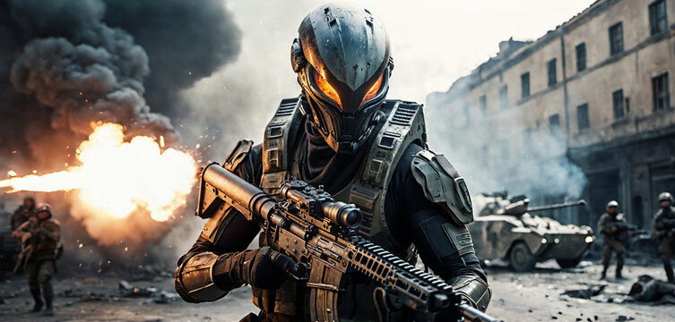 a battle suit, a soldier in war or combat operations with a helmet and visor, carries a machine gun, metallic combat armor as a battle suit, fictional location, street fight and war zone