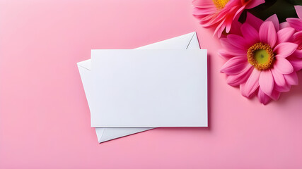 White sheet, letterhead, invitations on a pink background with flowers.