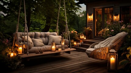 Lazy afternoons await in this lush garden deck, highlighted by a handmade swing and rustic lanterns