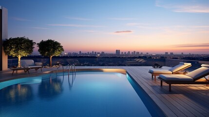 An inviting infinity pool terrace graced by the soft hues of dusk