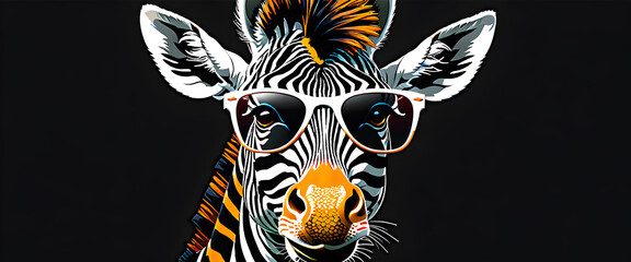 A zebra wearing white rimmed sunglasses is looking ahead. stylish zebra illustration drawn on a black background.