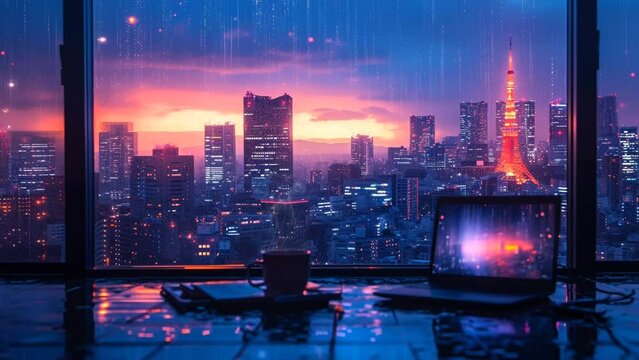 A cup of coffee and a laptop on a table with the cityscape at night in the background. Seamless looping time-lapse virtual video animation background