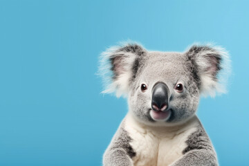 koala isolated on blue background , copy space for text