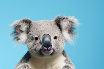 koala isolated on blue background , copy space for text