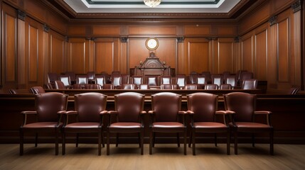 Order and justice symbolized by a neat row of chairs in a wood-paneled courtroom
