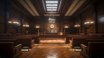The solemn atmosphere of a courtroom captured through its orderly seating - obrazy, fototapety, plakaty
