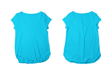 Blank Aqua Women Cotton Wide Neck Short Sleeve Tee Template: Colored Wide Neck T-shirt Mockup with Front and Back Views.