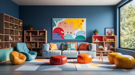 Modern and inviting playroom designed for the curious minds of young children, featuring vibrant accents