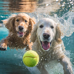 Joyous Splash: Golden Retrievers Chasing a Tennis Ball in Sunlit Water