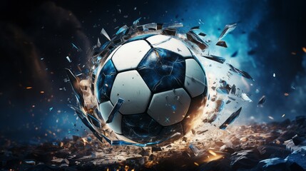 High-energy sports and technology collision, featuring a soccer ball and shattered digital effects - obrazy, fototapety, plakaty