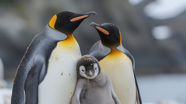 two penguins and their baby, penguin family in the antarctic, isolated king penguin, penguins hugging their baby, 4K, Bonding Time, King penguin looking up, isolated on white