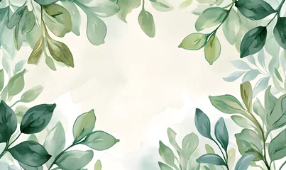 Foto op Plexiglas Green leaves watercolor background invitation template, Generative AI © simba kim