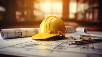 Fotobehang Construction planning and safety represented by a yellow hard hat on architectural blueprints © Malika
