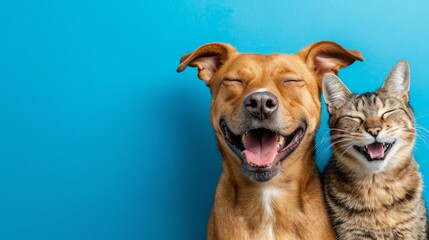 Obraz premium Banner with pets. Dog and cat smiling with happy expression and closed eyes. Isolated on blue colored background