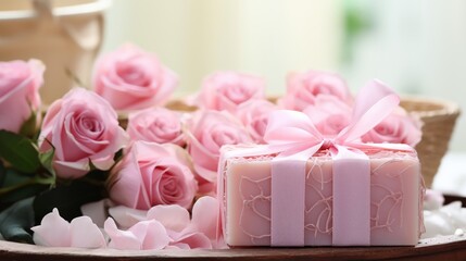 Gift of soap adorned with a pink ribbon beside a basket of handcrafted roses