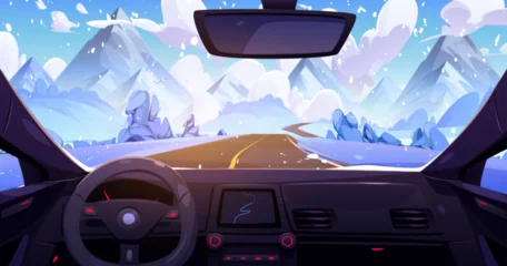 Papier Peint photo Lavable Violet Rocky mountain landscape view from auto. Vector cartoon illustration of car driving road, steering wheel, navigation panel, rear mirror and windshield, beautiful snowy scenery seen through glass