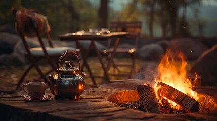 The rustic charm of outdoor living with an old kettle and mugs by a campfire