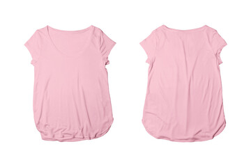 Blank Pink Women Cotton Wide Neck Short Sleeve Tee Template: Colored Wide Neck T-shirt Mockup with Front and Back Views.