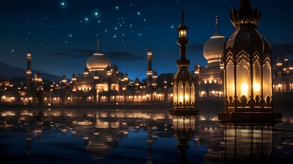 Fototapeta na wymiar Enchanting night view of an illuminated lantern with an islamic mosque backdrop, evoking tranquility