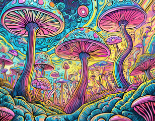  Psychedelic Dreamscape: Vibrant Mycological Wonderland Under a Swirling Sky
