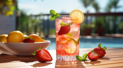 Refreshing summer drink with strawberries and citrus, evoking sunny garden vibes