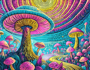  Psychedelic Dreamscape: Vibrant Mycological Wonderland Under a Swirling Sky