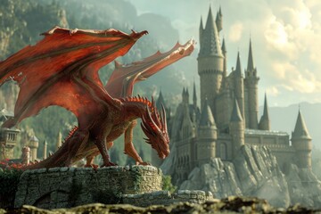 Dragon protects enchanted castle towers, a majestic and vigilant guardian of magical fortresses