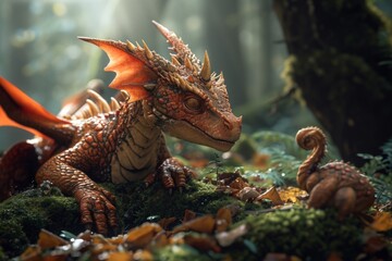 Obraz premium Friendly dragon plays with enchanted creatures, a whimsical scene of mythical camaraderie.