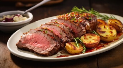Fototapeta premium A symphony of colors marks this stunning leg of lamb, as root vegetables and vibrant herbs cradle the perfectly roasted meat, inviting you to delve into a harmonious blend of flavors.