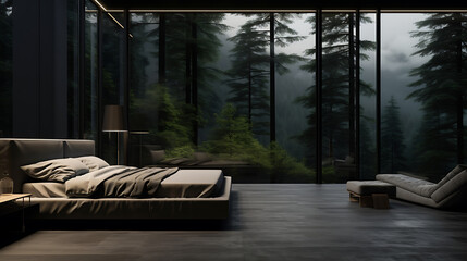 Minimalistic matte black mansion bedroom, view of a pale green alpine forest, luxury but minimal,...