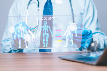 Medical technology. Hospital or clinic, medical professionals utilize virtual screens and cutting-edge technology to deliver efficient and advanced healthcare, enhancing patient care in digital era.