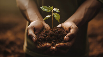 A person holding a small plant in the dirt