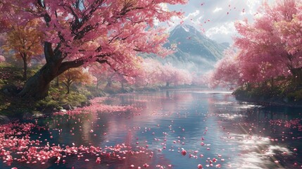 Tranquil scene of Sakura trees in full bloom along a peaceful river, petals gently falling, serene...