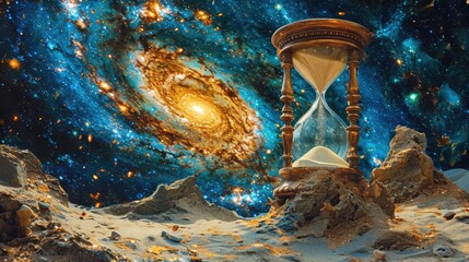 Symbolic depiction of time, an ancient hourglass with sands flowing amidst a backdrop of stars and galaxies