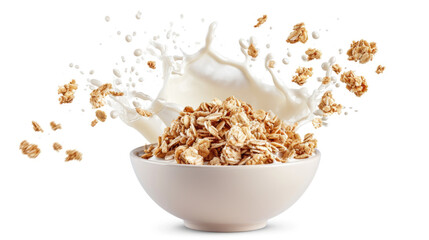 Crumbling crispy muesli, a bowl of oatmeal granola with splashes of milk, highlighted