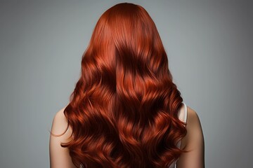 Rear view of woman with healthy and shiny red long hair, hair dye advertising, salon advertising,...