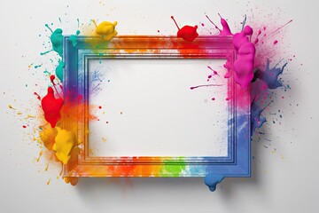 Color powder splattered over a white frame on a gray background