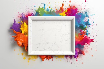 Fototapeta na wymiar Color powder splattered over a white frame on a gray background