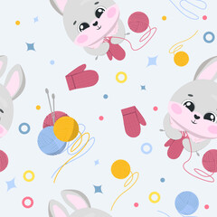 A funny cartoon rabbit knits a fleece on knitting needles. Rabbit is a favorite thing.