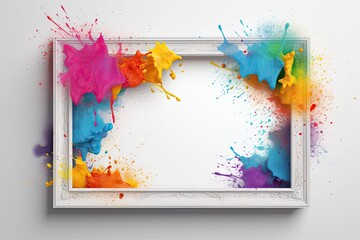 Color powder splattered over a white frame on a gray background