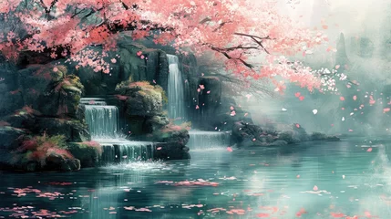 Fotobehang Watercolor painting of a serene Japanese garden, soft pastel hues, cherry blossoms gently falling on a tranquil pond © Zaria