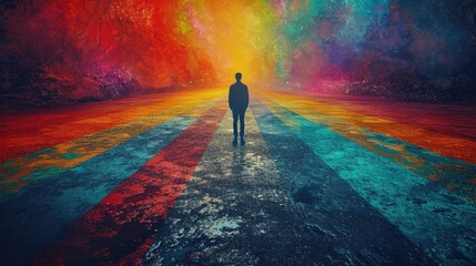 A person standing at a crossroads with multiple colorful, imaginative paths ahead, choice of creative directions - obrazy, fototapety, plakaty