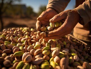 Freshly picked pistachios on a farm background, freshly roasted pistachios, pistachio fruit...