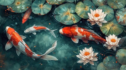 Watercolor illustration of a koi pond, vibrant koi fish swimming amidst lily pads, a fusion of realism and fantasy