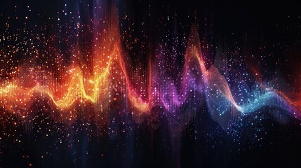 Visualization of music sound waves, colorful patterns against a black background, resembling a digital equalizer - obrazy, fototapety, plakaty